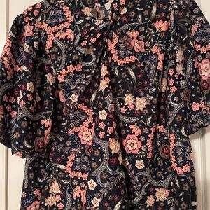 LOFT Navy and Pink Floral Blouse